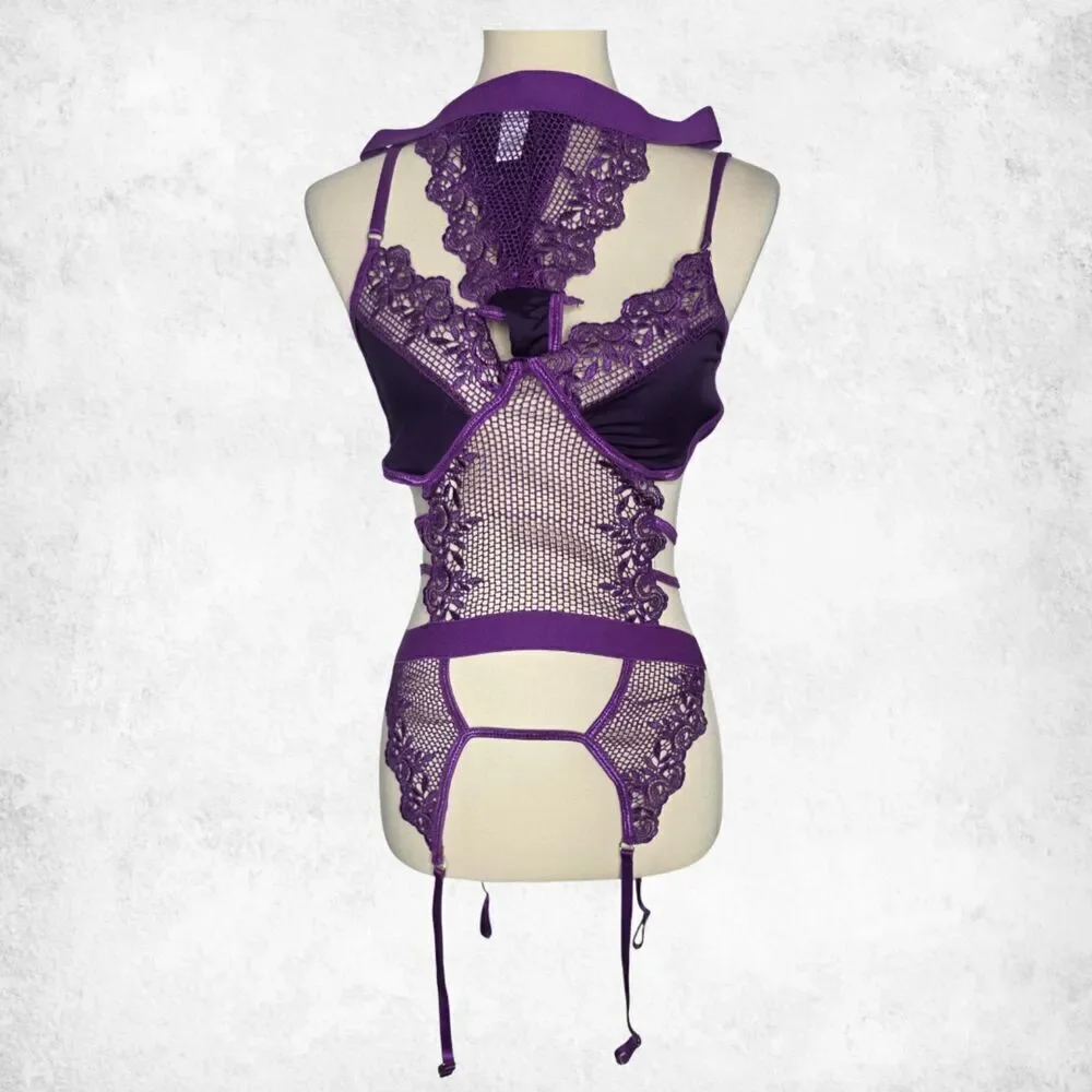 Purple Lace Mesh Garter Bodysuit – XL Strappy Fishnet Goth Glam Seductive Teddy - Picture 2 of 6